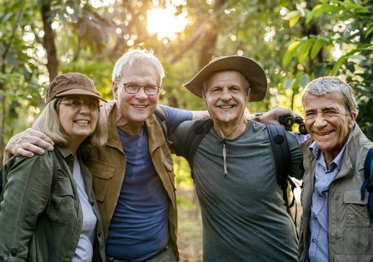 Group of senior adults trekking in the forest